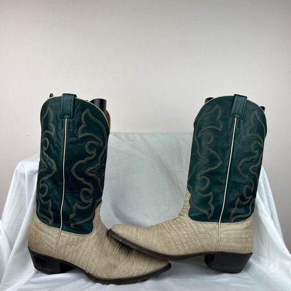 Nocona Cape Buffalo Cowboy Boots Mens Size 11 D Leather Western Green Beige - Picture 1 of 7